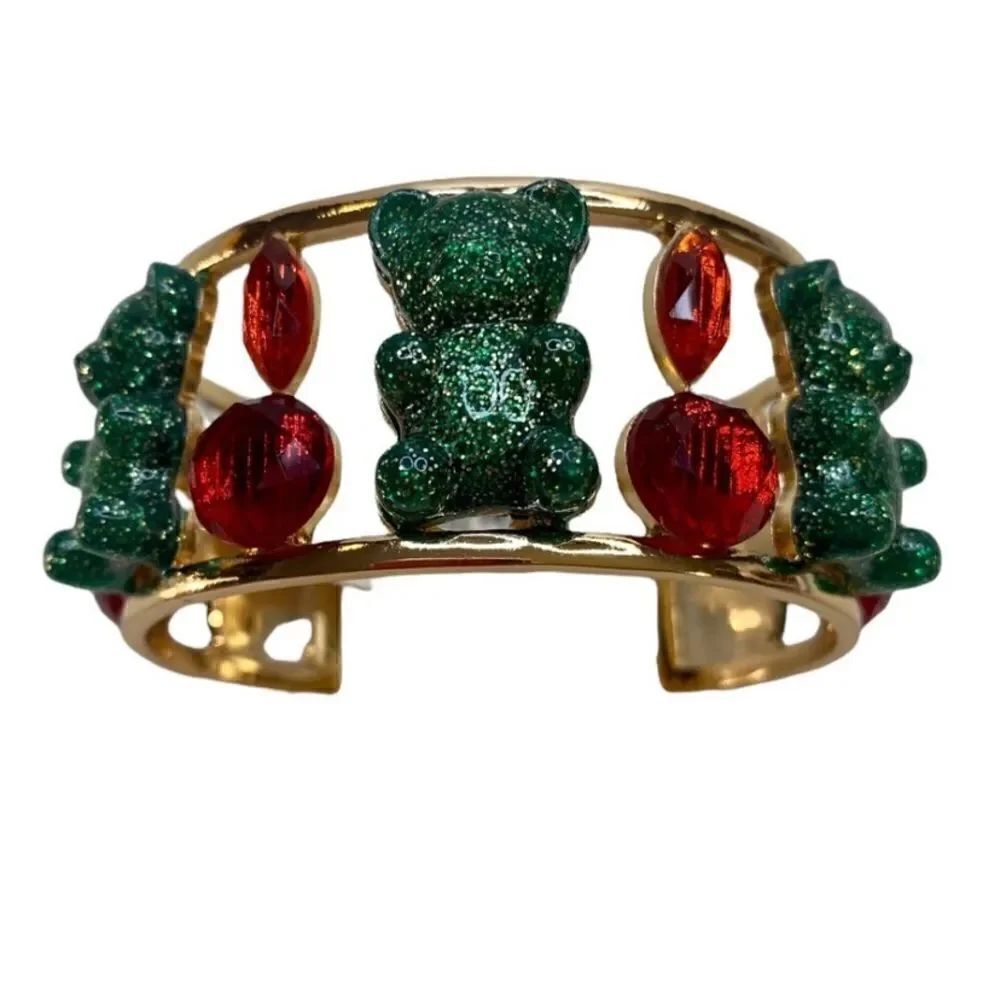 Betsey Johnson Wide Gold Toned Red Jewels & Green Gummy Bears Cuff Bracelet